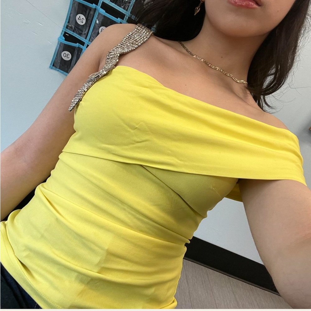 Yellow Off-Shoulder Top with Embellished Strap